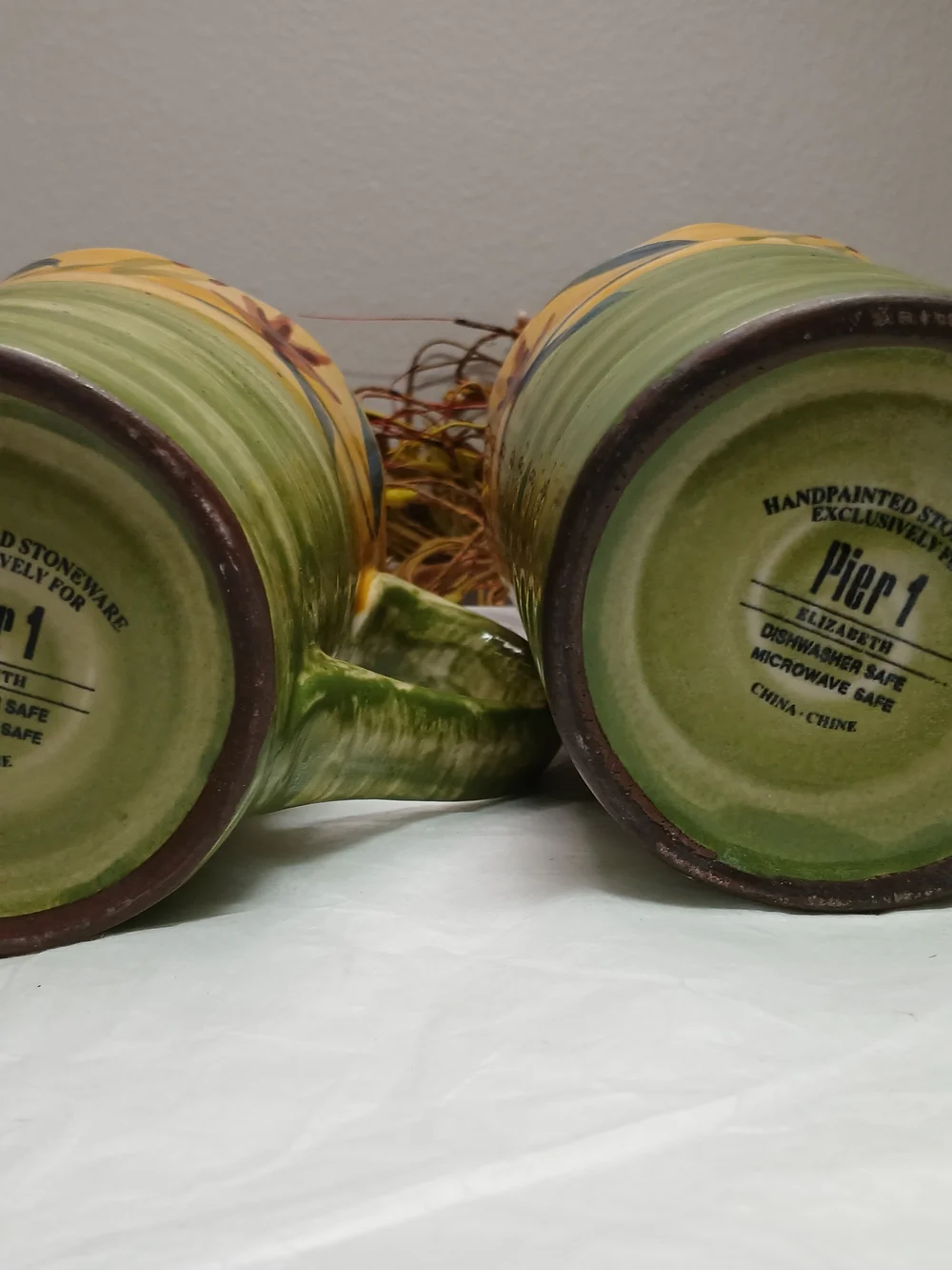 2 Pier 1 Hand-Painted Ceramic Mugs in Yellow, Green and Blue Elizabeth Style